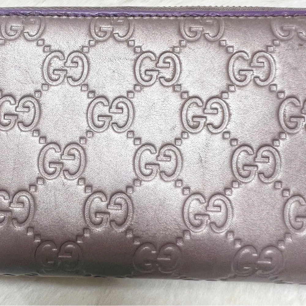 GUCCI GG Guccissima Heart Zip Around Long Wallet Metallic Lavender Authentic